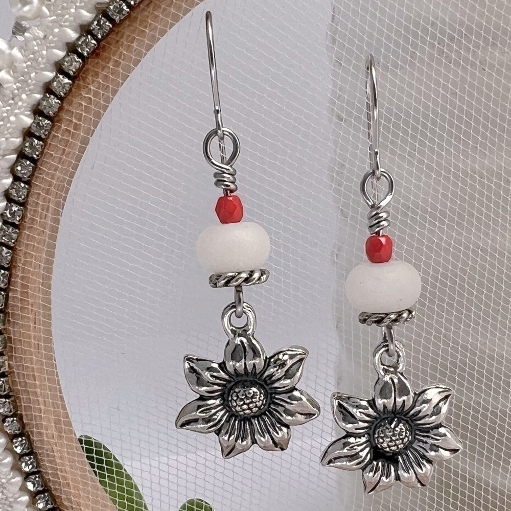 Artisan Sunflower Charm Earrings w/White Jade & Czech Glass Beads Hypoallergenic